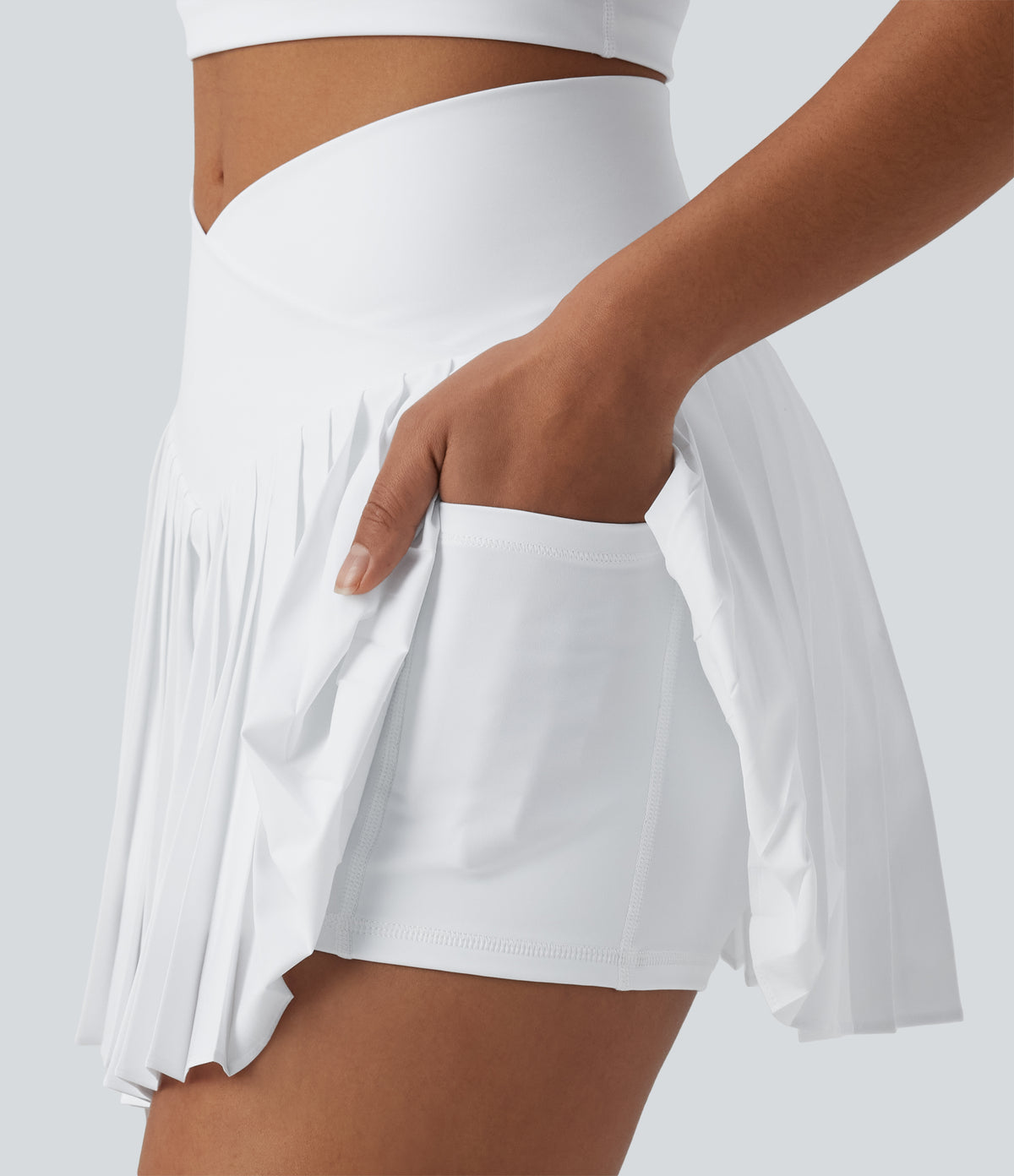 Crossover High Waisted Pleated Mini 2-in-1 Quick Dry Tennis Skirt with Pockets — White — view 4