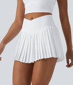 Crossover High Waisted Pleated Mini 2-in-1 Quick Dry Tennis Skirt with Pockets — White — view 3