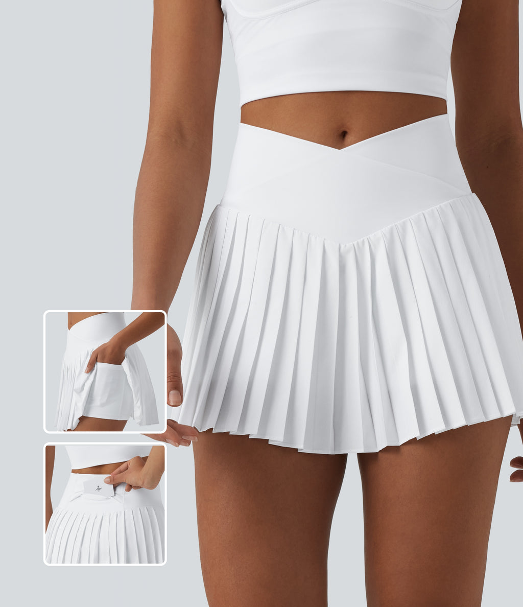 Crossover High Waisted Pleated Mini 2-in-1 Quick Dry Tennis Skirt with Pockets — White — view 1