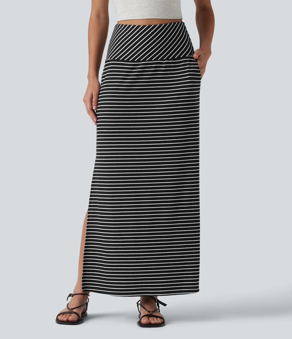 High Waisted Tummy Control Split Stripes Maxi Casual Skirt with Pockets — Shadowthread Noir — view 3