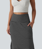 High Waisted Tummy Control Split Stripes Maxi Casual Skirt with Pockets — Shadowthread Noir — view 4