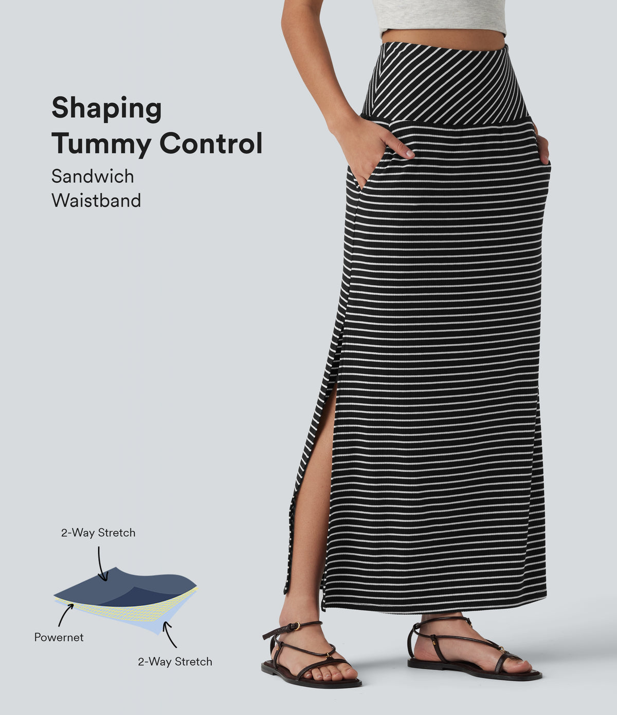 High Waisted Tummy Control Split Stripes Maxi Casual Skirt with Pockets — Shadowthread Noir — view 1
