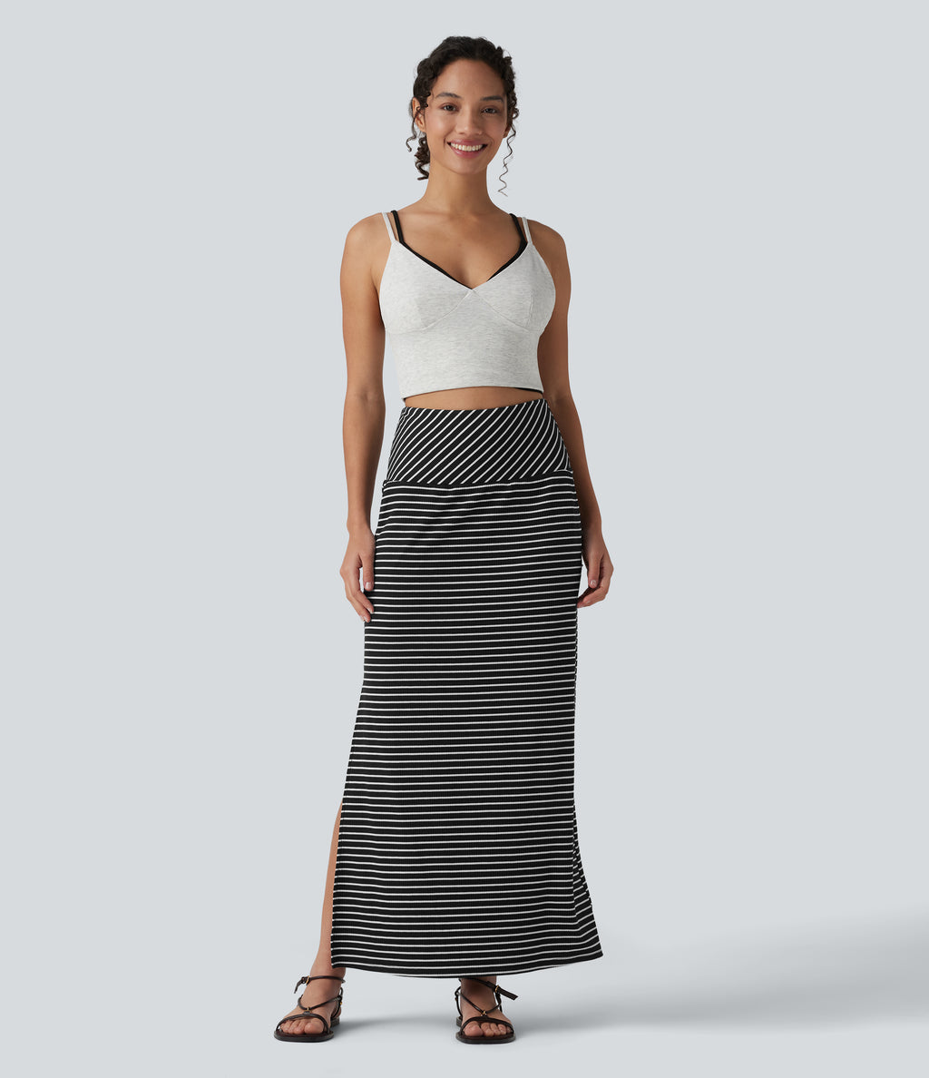 High Waisted Tummy Control Split Stripes Maxi Casual Skirt with Pockets — Shadowthread Noir — view 6