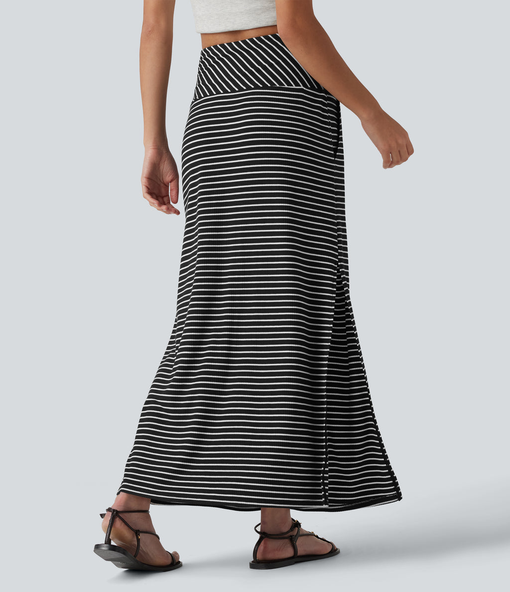 High Waisted Tummy Control Split Stripes Maxi Casual Skirt with Pockets — Shadowthread Noir — view 2
