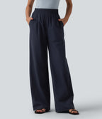 High Waisted Wide Leg Casual Trousers with Pockets — Ombre Blue — view 1