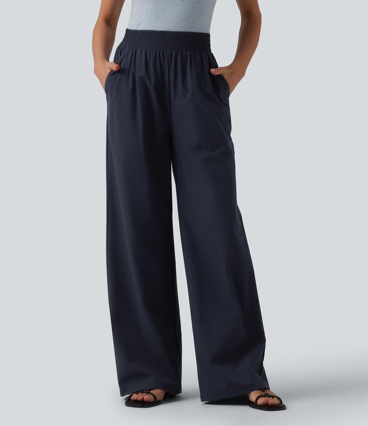 High Waisted Wide Leg Casual Trousers with Pockets — Ombre Blue — view 1