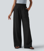 High Waisted Wide Leg Casual Trousers with Pockets — Black — view 6