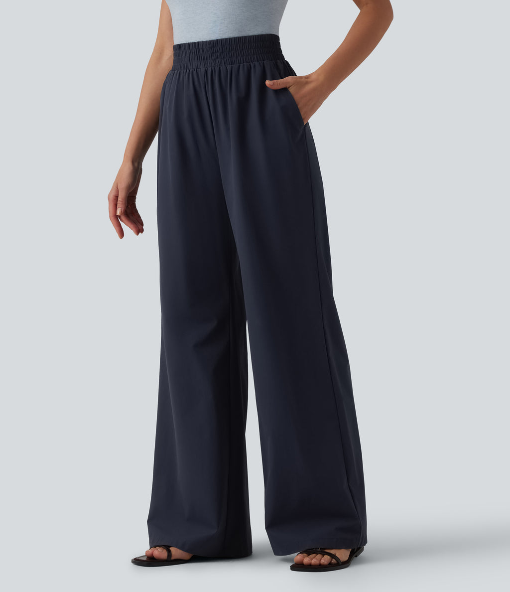 High Waisted Wide Leg Casual Trousers with Pockets — Ombre Blue — view 3