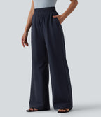High Waisted Wide Leg Casual Trousers with Pockets — Ombre Blue — view 3