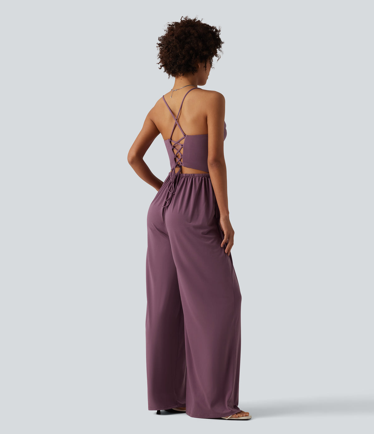 Cowl Neck Lace Up Slip Jumpsuit with Pockets-Edition — Tulipwood — view 2