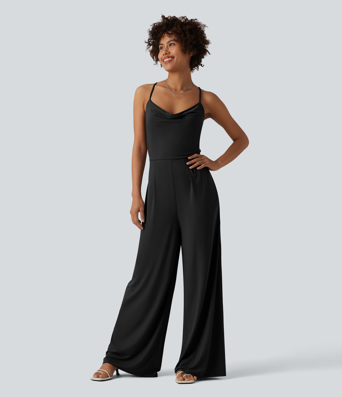 Cowl Neck Lace Up Slip Jumpsuit with Pockets-Edition — Black — view 9