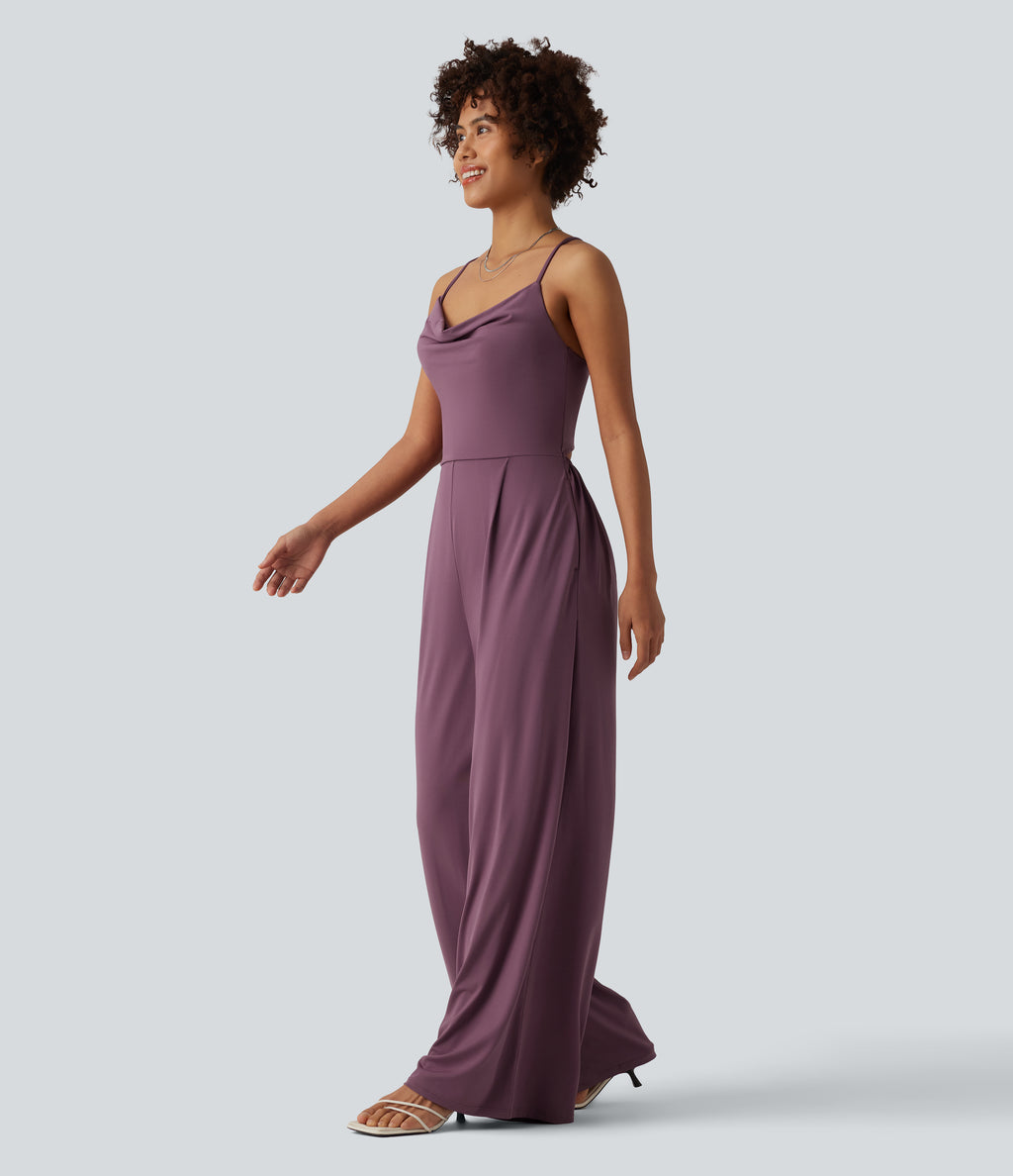 Cowl Neck Lace Up Slip Jumpsuit with Pockets-Edition — Tulipwood — view 3