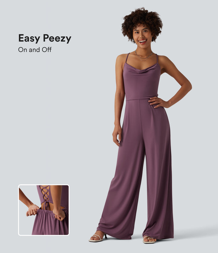 Cowl Neck Lace Up Slip Jumpsuit with Pockets-Edition — Tulipwood — view 1