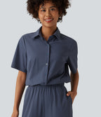 Short Sleeve Work Jumpsuit with Pockets-Easy Pezzy Edition — Nightshadow Blue — view 4