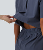 Short Sleeve Work Jumpsuit with Pockets-Easy Pezzy Edition — Nightshadow Blue — view 7