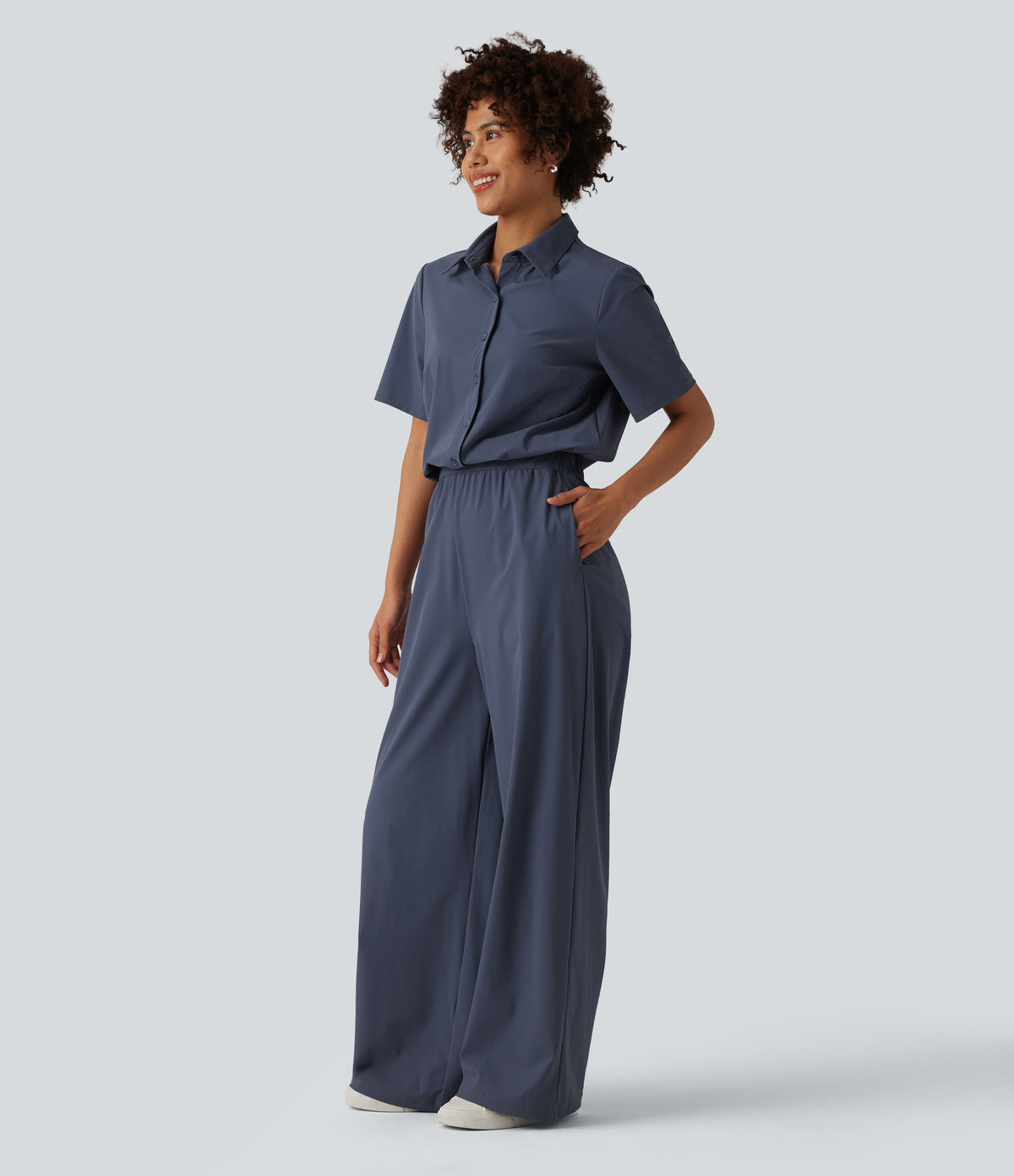 Short Sleeve Work Jumpsuit with Pockets-Easy Pezzy Edition — Nightshadow Blue — view 3