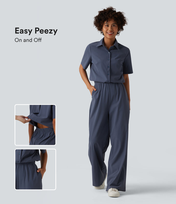 Short Sleeve Work Jumpsuit with Pockets-Easy Pezzy Edition — Nightshadow Blue — view 1