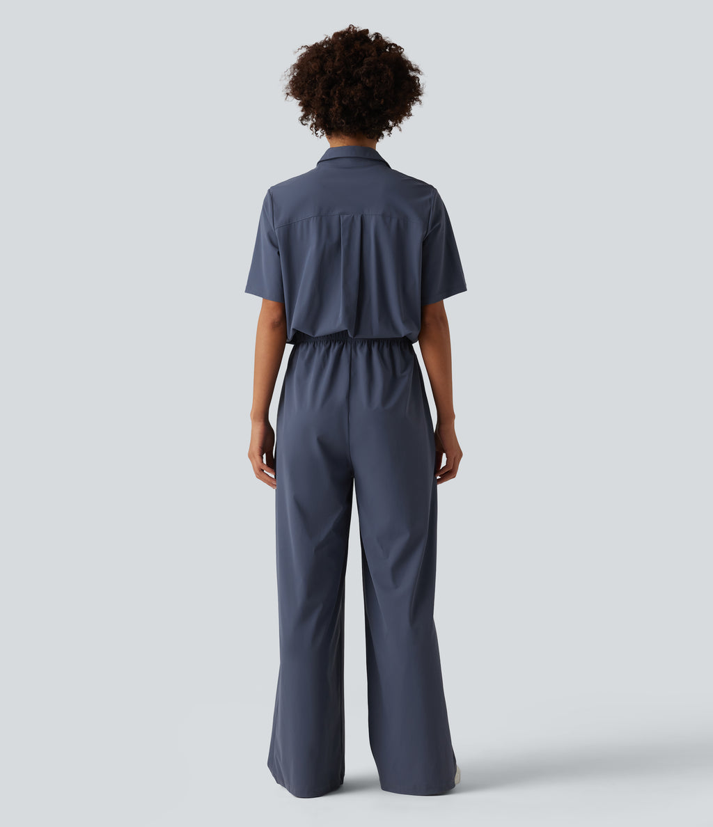 Short Sleeve Work Jumpsuit with Pockets-Easy Pezzy Edition — Nightshadow Blue — view 2