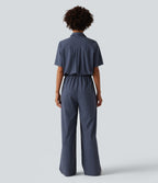 Short Sleeve Work Jumpsuit with Pockets-Easy Pezzy Edition — Nightshadow Blue — view 2