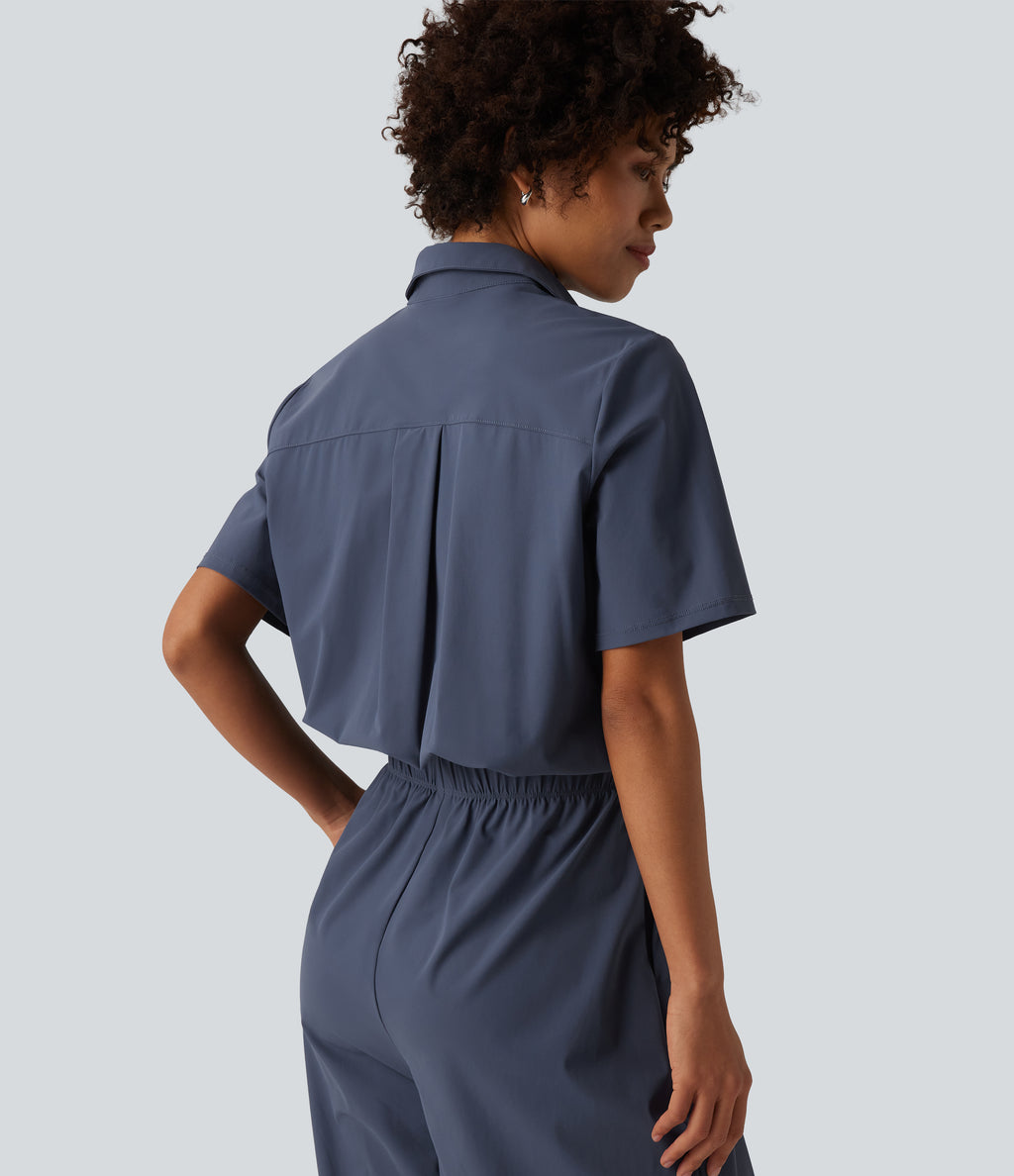 Short Sleeve Work Jumpsuit with Pockets-Easy Pezzy Edition — Nightshadow Blue — view 5