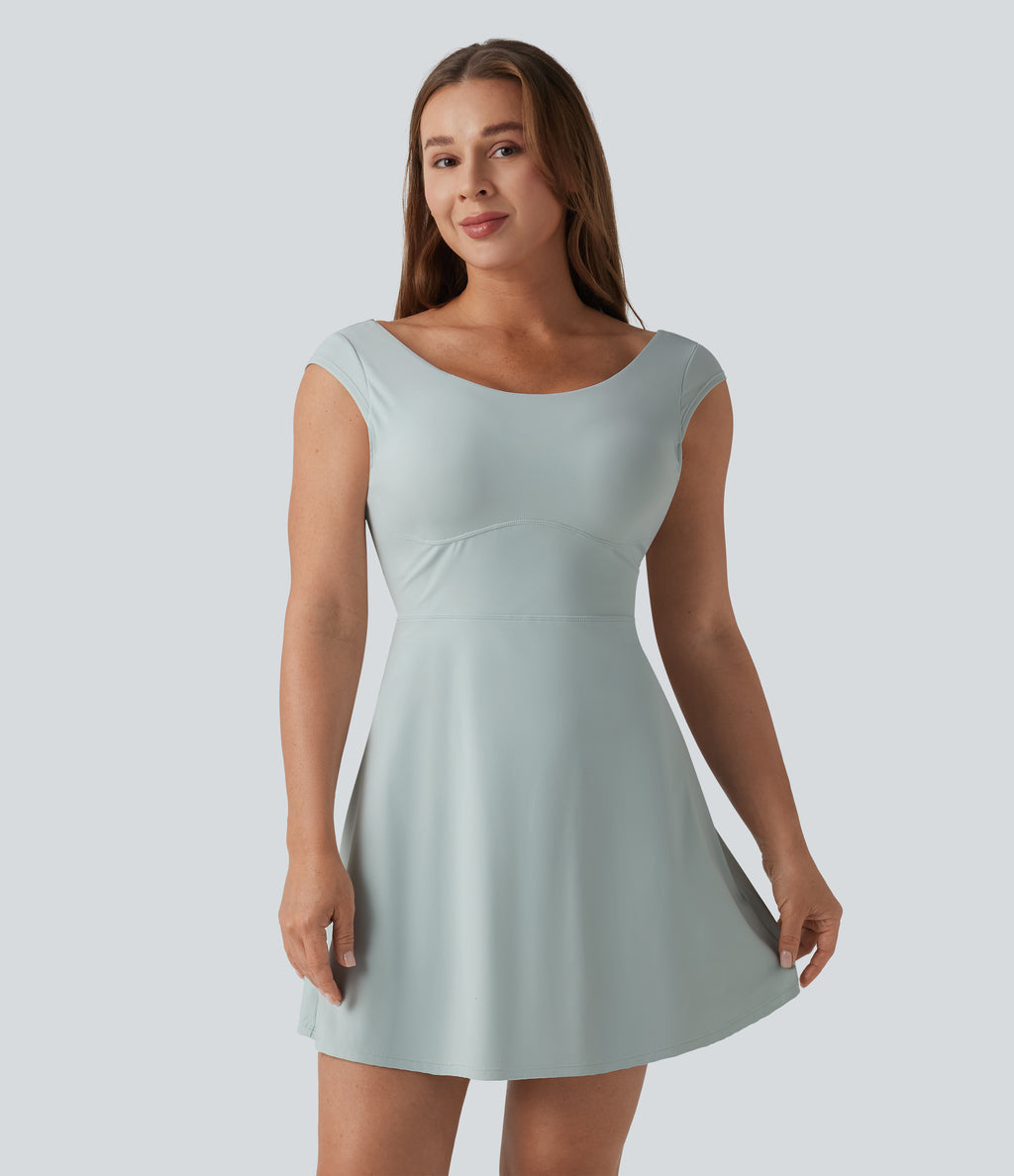 Airy Boat Neck Backless Mini 2-in-1 InstantCool Dance Active Dress with Pockets — Fairest Jade — view 2