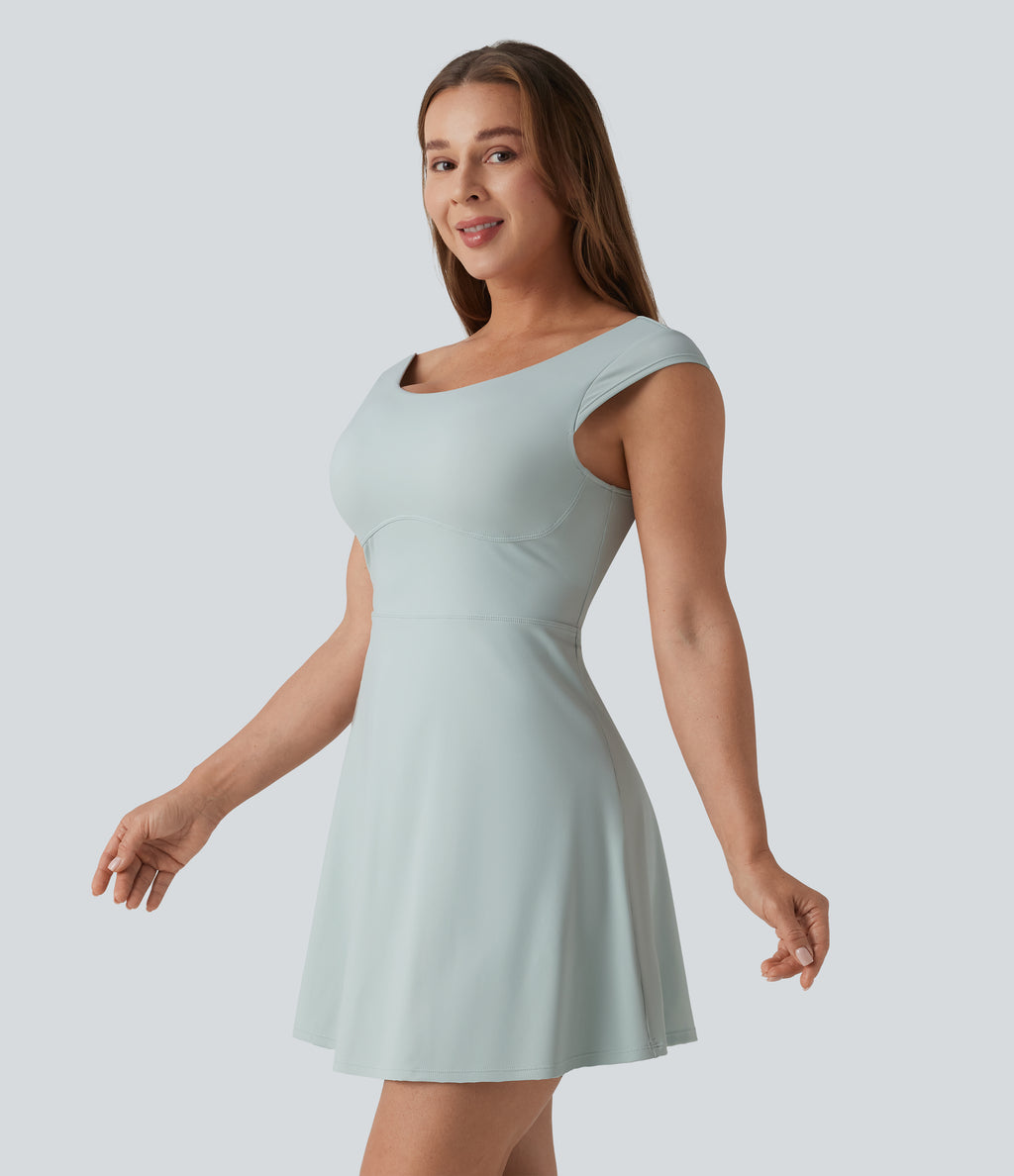 Airy Boat Neck Backless Mini 2-in-1 InstantCool Dance Active Dress with Pockets — Fairest Jade — view 4