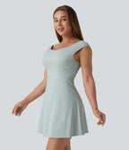 Airy Boat Neck Backless Mini 2-in-1 InstantCool Dance Active Dress with Pockets — Fairest Jade — view 4
