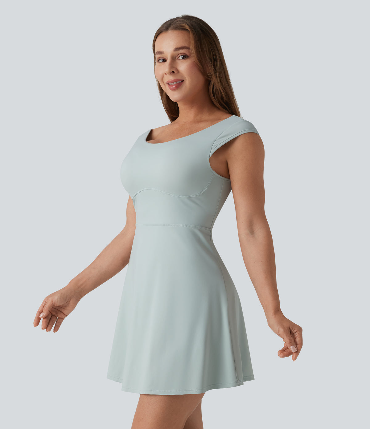 Airy Boat Neck Backless Mini 2-in-1 InstantCool Dance Active Dress with Pockets — Fairest Jade — view 4