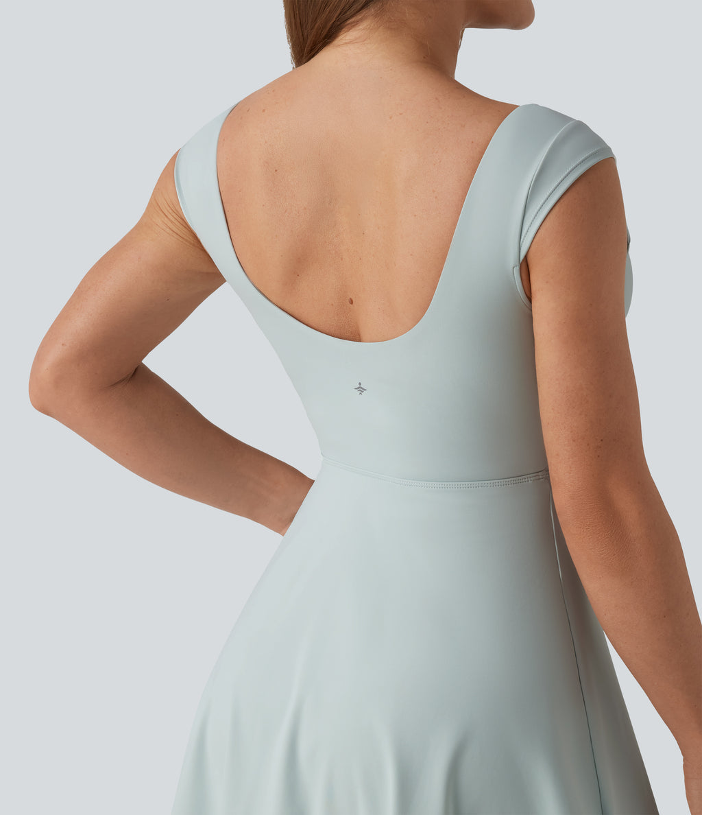 Airy Boat Neck Backless Mini 2-in-1 InstantCool Dance Active Dress with Pockets — Fairest Jade — view 7