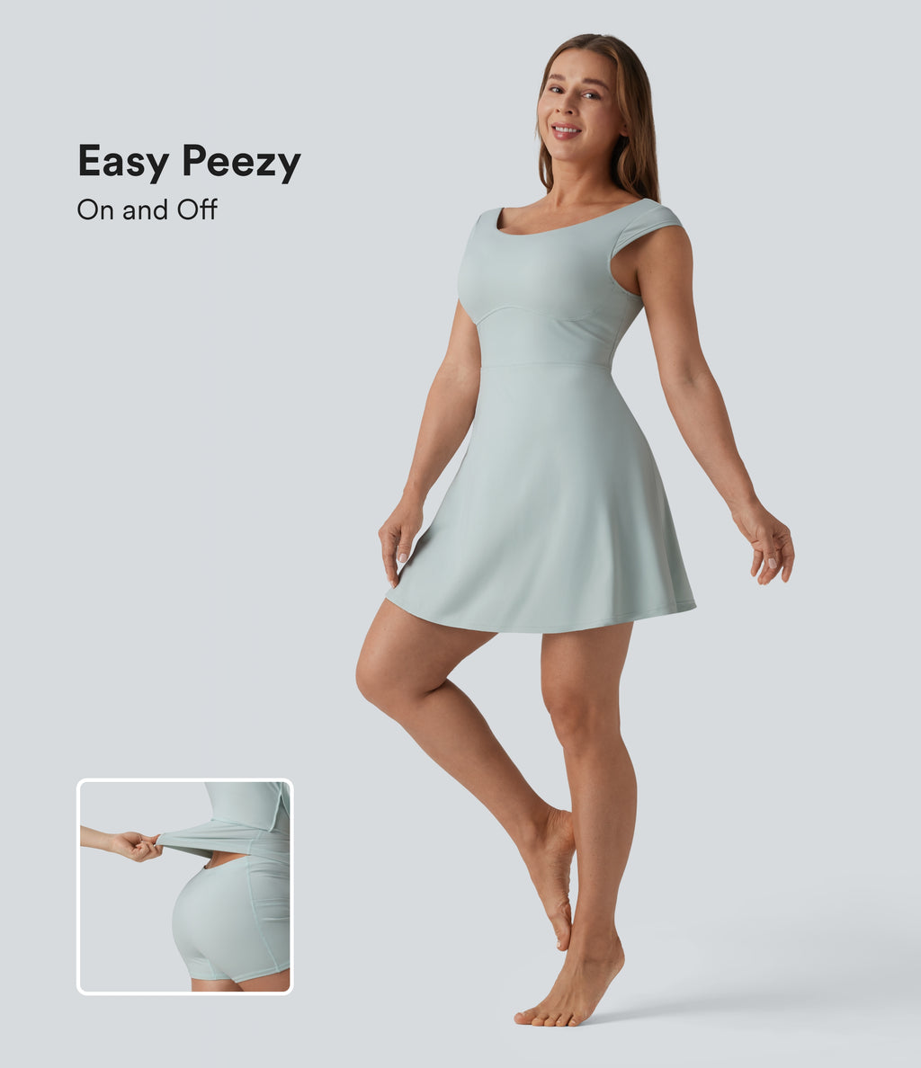 Airy Boat Neck Backless Mini 2-in-1 InstantCool Dance Active Dress with Pockets — Fairest Jade — view 1