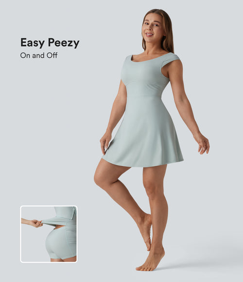 Airy Boat Neck Backless Mini 2-in-1 InstantCool Dance Active Dress with Pockets — Fairest Jade — view 1