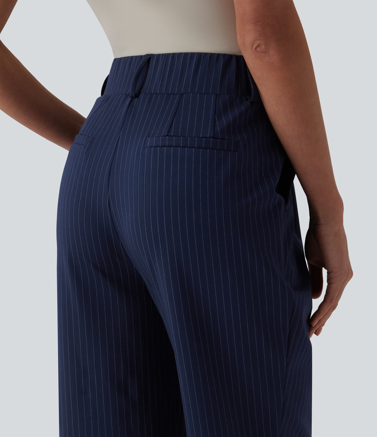High Waisted Tapered Stripe Work Trousers with Pockets — Deep Current — view 5