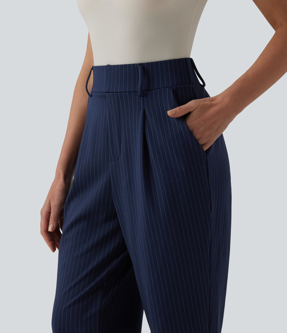 High Waisted Tapered Stripe Work Trousers with Pockets — Deep Current — view 4