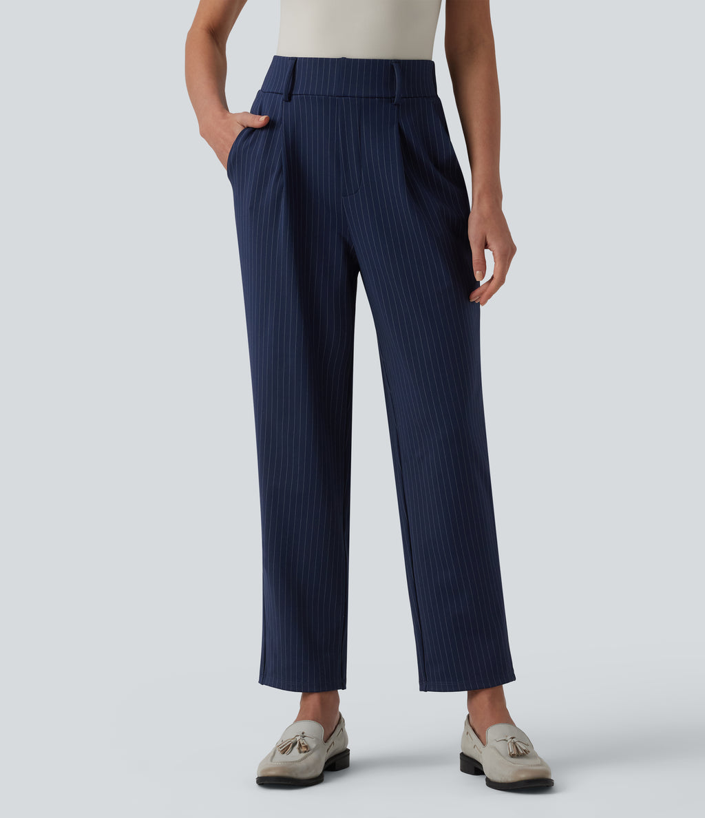 High Waisted Tapered Stripe Work Trousers with Pockets — Deep Current — view 1
