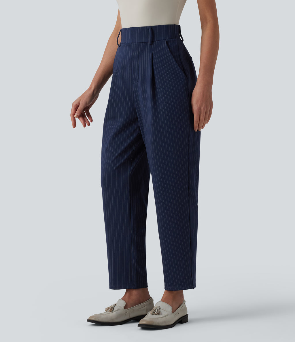 High Waisted Tapered Stripe Work Trousers with Pockets — Deep Current — view 3