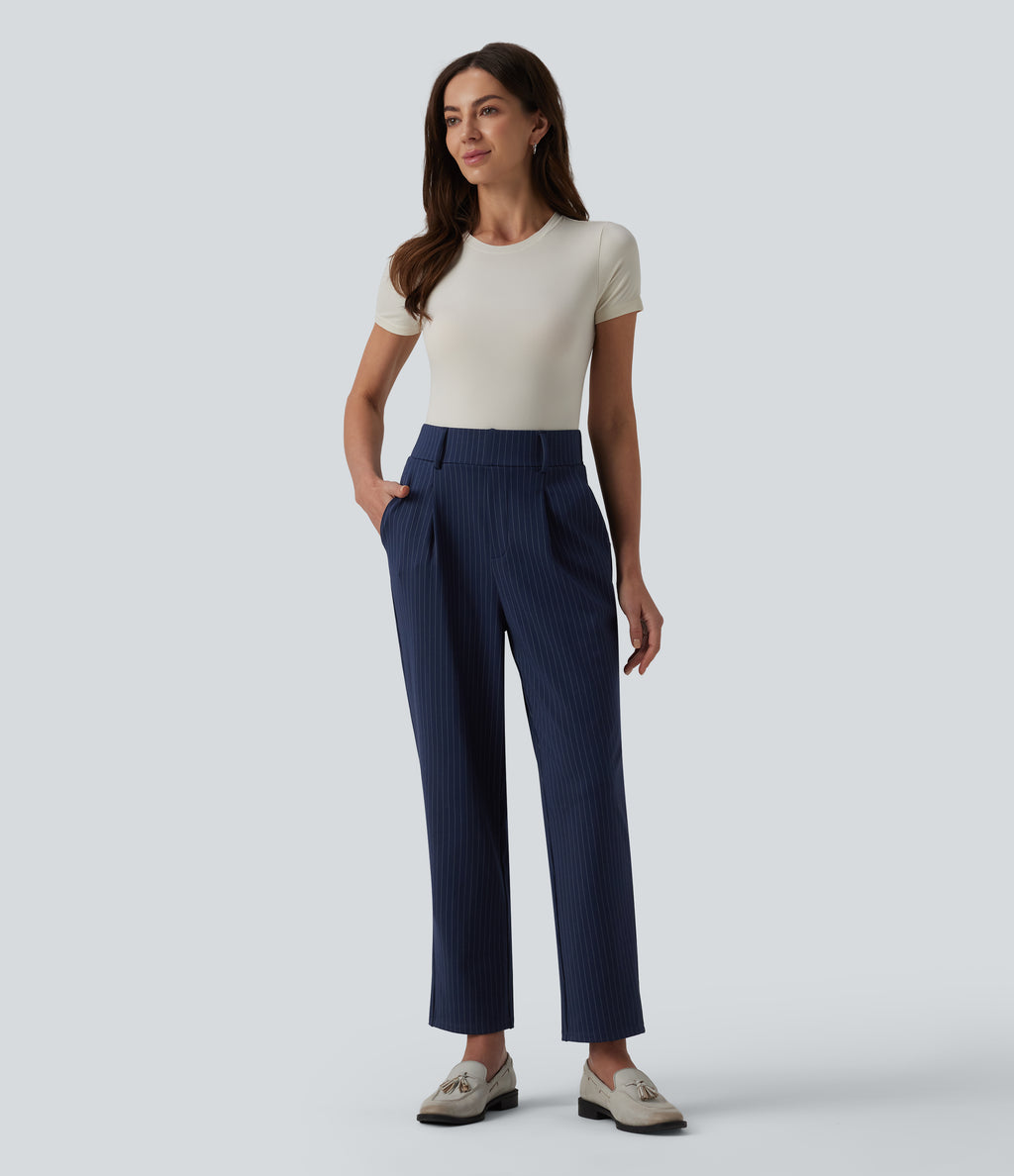High Waisted Tapered Stripe Work Trousers with Pockets — Deep Current — view 6