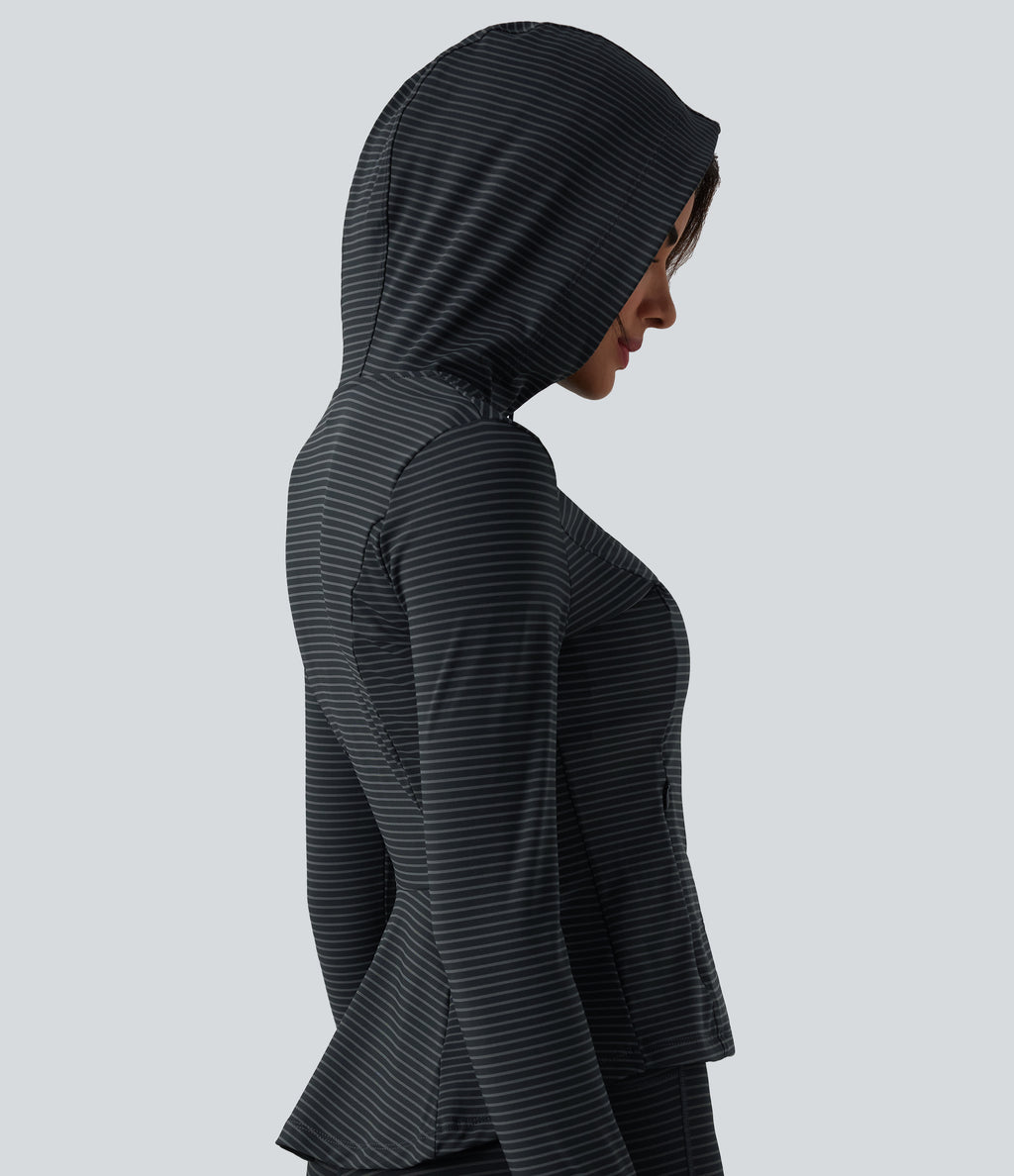 Hooded Long Sleeve Thumb Hole Stripe Yoga Jacket with Pockets — Steel Stripe — view 5