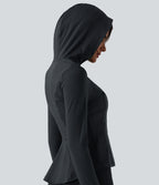 Hooded Long Sleeve Thumb Hole Stripe Yoga Jacket with Pockets — Steel Stripe — view 5