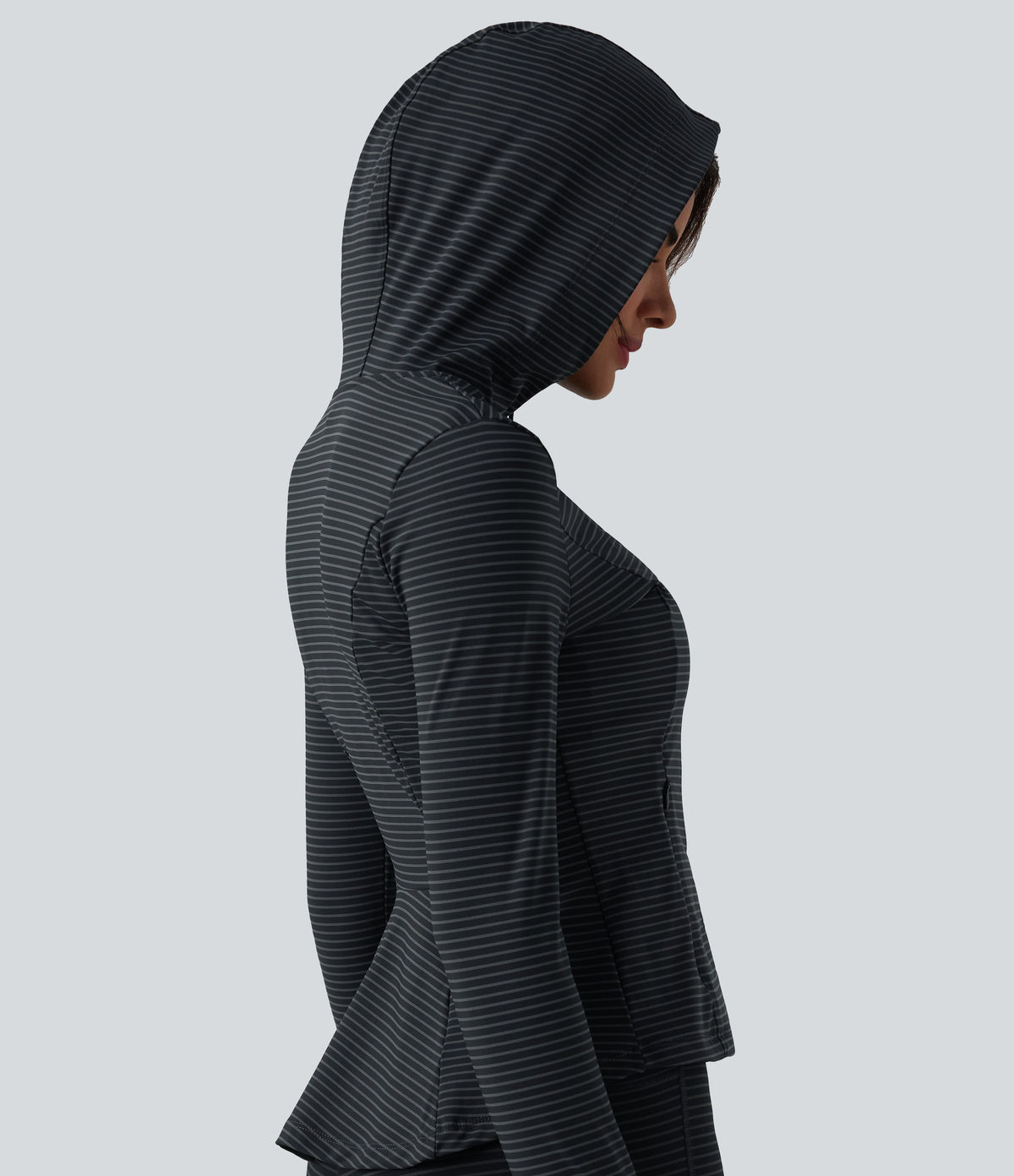 Hooded Long Sleeve Thumb Hole Stripe Yoga Jacket with Pockets — Steel Stripe — view 5
