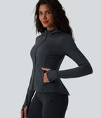 Hooded Long Sleeve Thumb Hole Stripe Yoga Jacket with Pockets — Steel Stripe — view 4