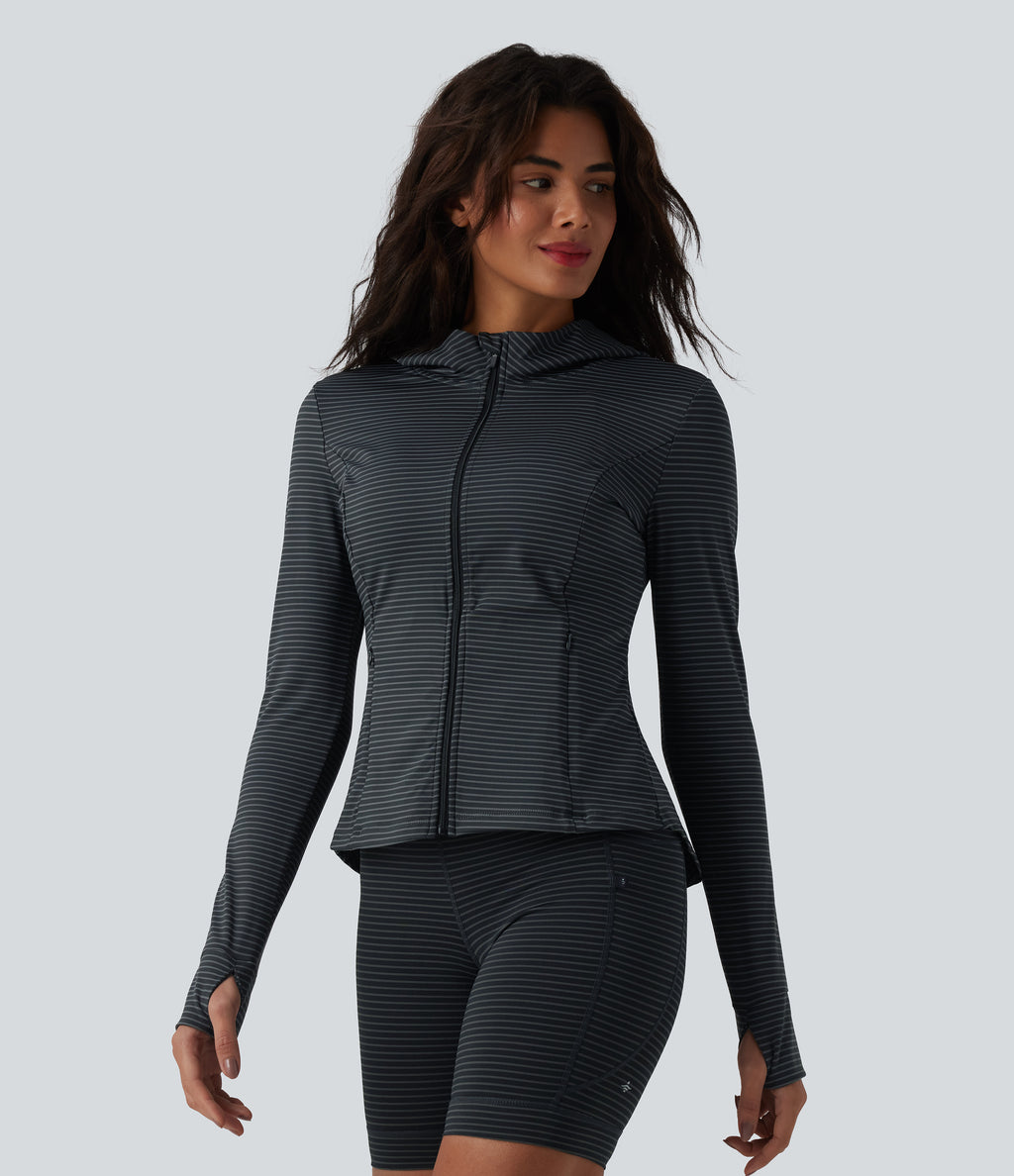 Hooded Long Sleeve Thumb Hole Stripe Yoga Jacket with Pockets — Steel Stripe — view 3