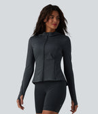 Hooded Long Sleeve Thumb Hole Stripe Yoga Jacket with Pockets — Steel Stripe — view 3