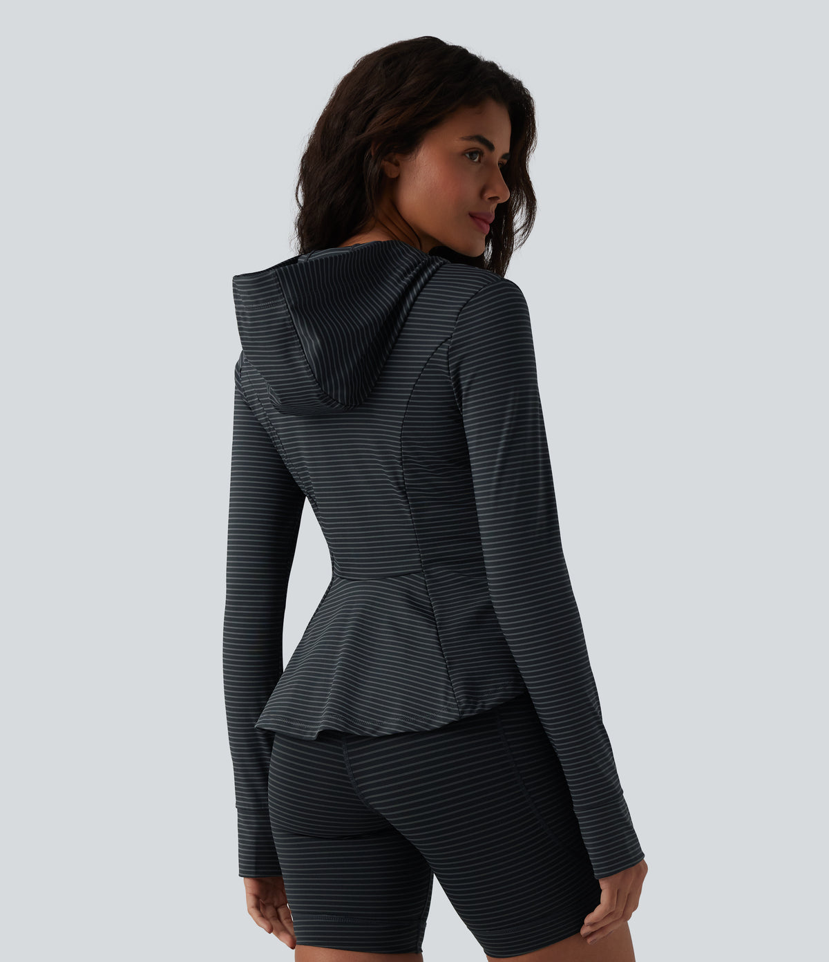 Hooded Long Sleeve Thumb Hole Stripe Yoga Jacket with Pockets — Steel Stripe — view 1