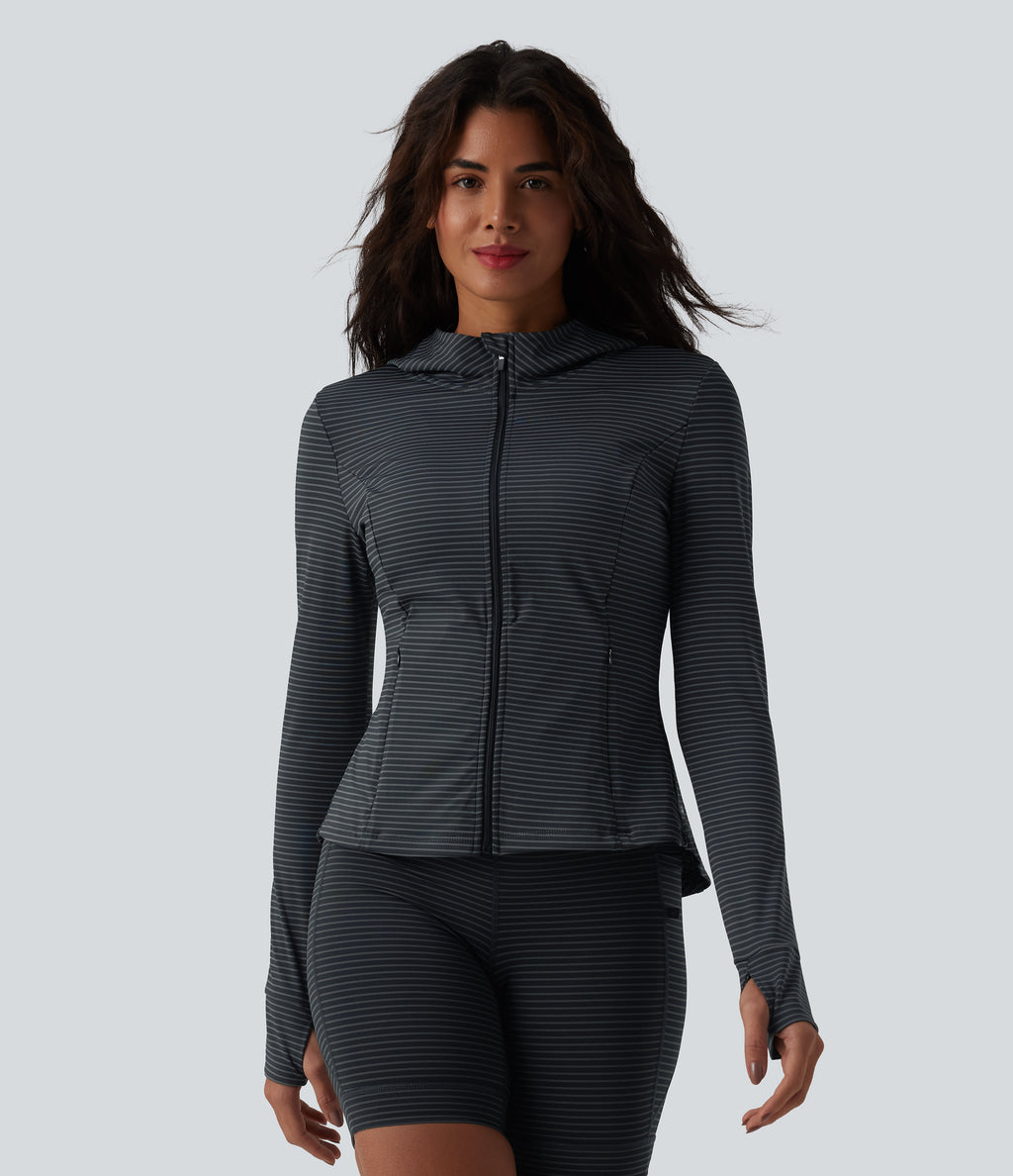 Hooded Long Sleeve Thumb Hole Stripe Yoga Jacket with Pockets — Steel Stripe — view 2