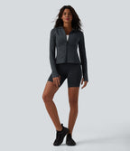 Hooded Long Sleeve Thumb Hole Stripe Yoga Jacket with Pockets — Steel Stripe — view 6