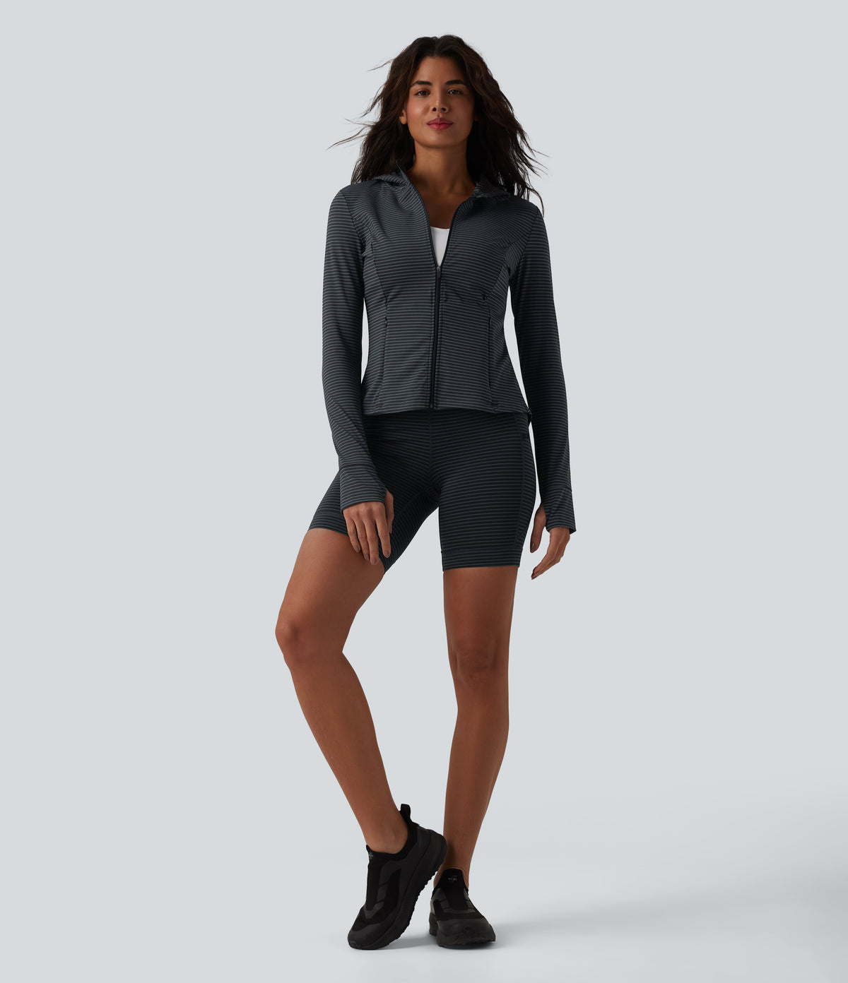 Hooded Long Sleeve Thumb Hole Stripe Yoga Jacket with Pockets — Steel Stripe — view 6