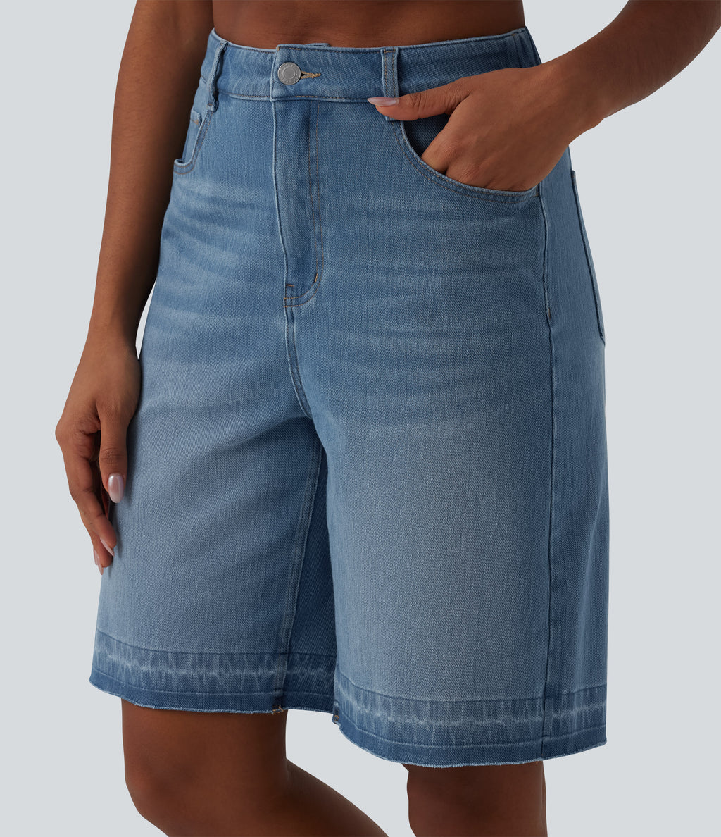 High Waisted Denim Casual Bermuda Shorts with Pockets — Malibu Blue Denim — view 4