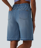 High Waisted Denim Casual Bermuda Shorts with Pockets — Malibu Blue Denim — view 2