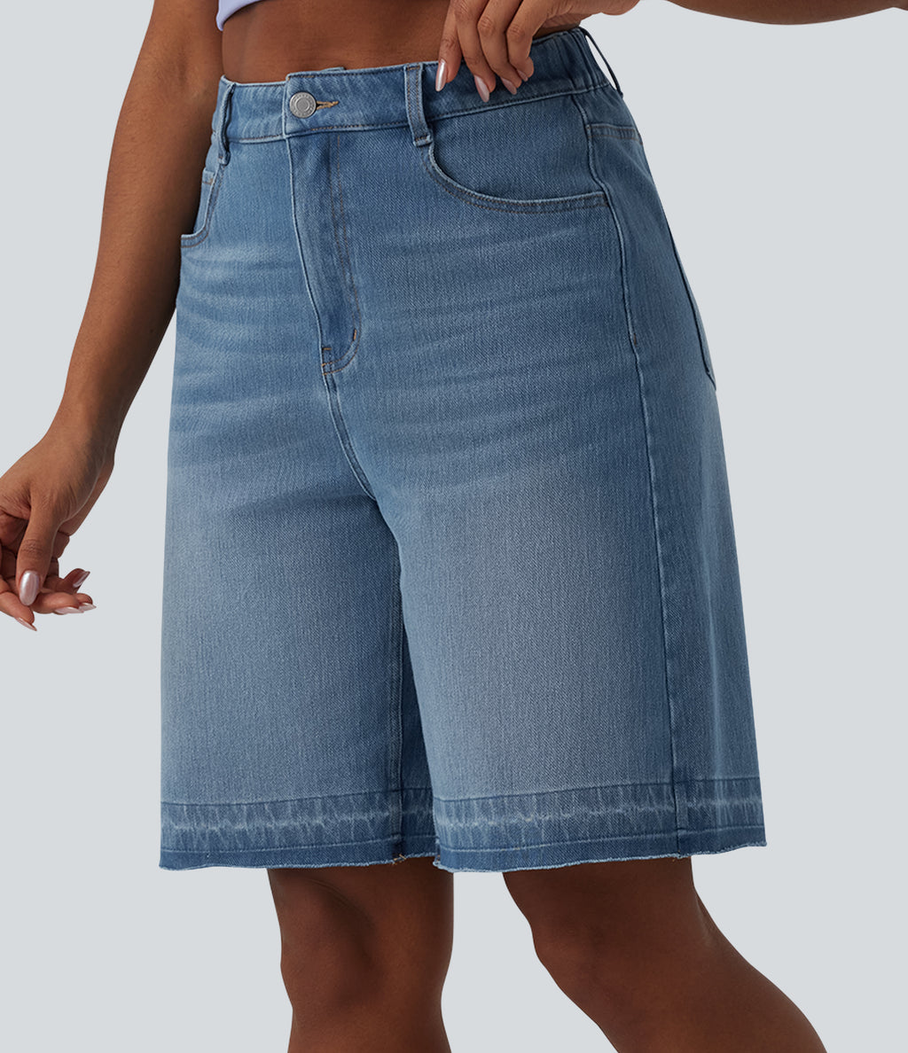 High Waisted Denim Casual Bermuda Shorts with Pockets — Malibu Blue Denim — view 1