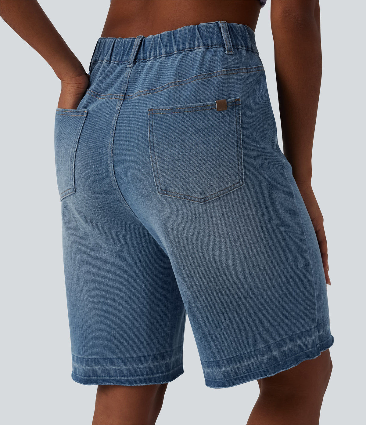 High Waisted Denim Casual Bermuda Shorts with Pockets — Malibu Blue Denim — view 5
